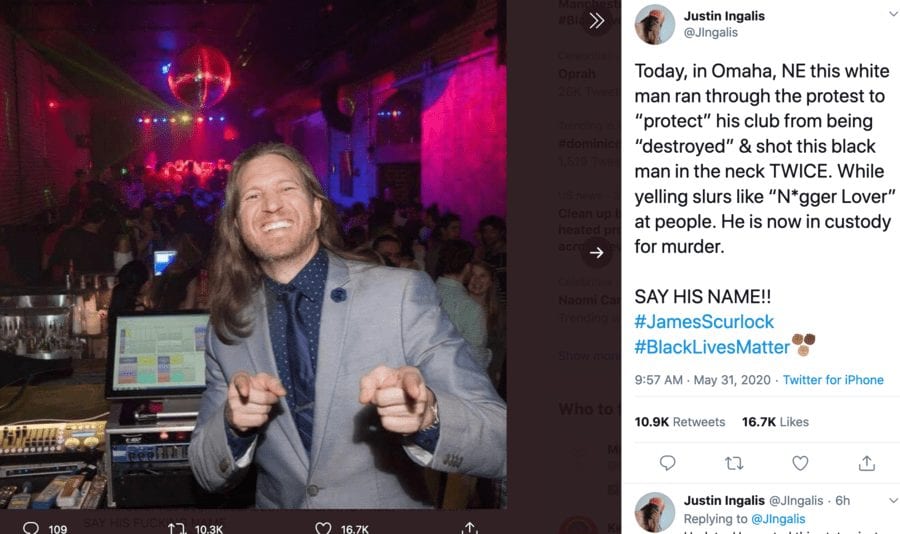 Justice for James Scurlock – Power of social media proven after the senseless murder of James Scurlock in Omaha, Nebraska allegedly by a bar owner Jake Gardner who has been photographed with Donald Trump. 30th May 2020.