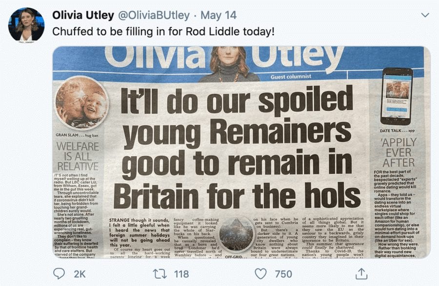 Moron of the Moment – Bigmouthed berk Olivia Utley on Brexit – Rent-a-gob stand-in for Rod Liddle at ‘The Sun’ Olivia Utley shows herself to be nothing but a big-mouthed berk in banging on about Brexit; she should eff off!