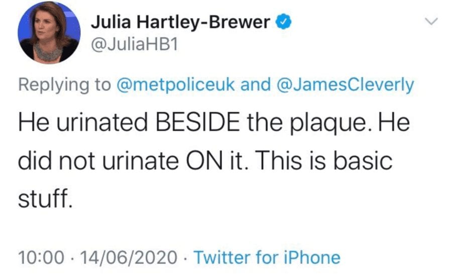 Moron of the Moment – Julia Hartley-Brewer – In her crass comments about a right-wing thug who relieved himself by the memorial to PC Keith Palmer, the constable murdered in the 2017 Westminster attack, Julia Hartley-Brewer simply made a prat of her stupid self.