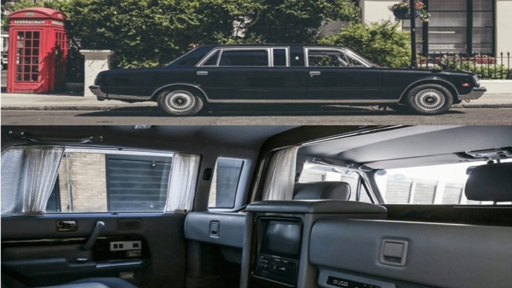 A 20th Century Limo – £13,000 to £17,000 ($16,300 to $21,300, €14,500 to €18,900 or درهم59,900 to درهم78,300) for 1994 Toyota Century limousine at Historics Auctioneers Windsorview Lakes sale on 18th July 2020 – ‘Stretched’ 1994 Toyota Century for sale for less than the price of a brand new Ford Fiesta; the limousine comes with a food heating compartment and privacy curtains favoured by notoriously shy Japanese people even.