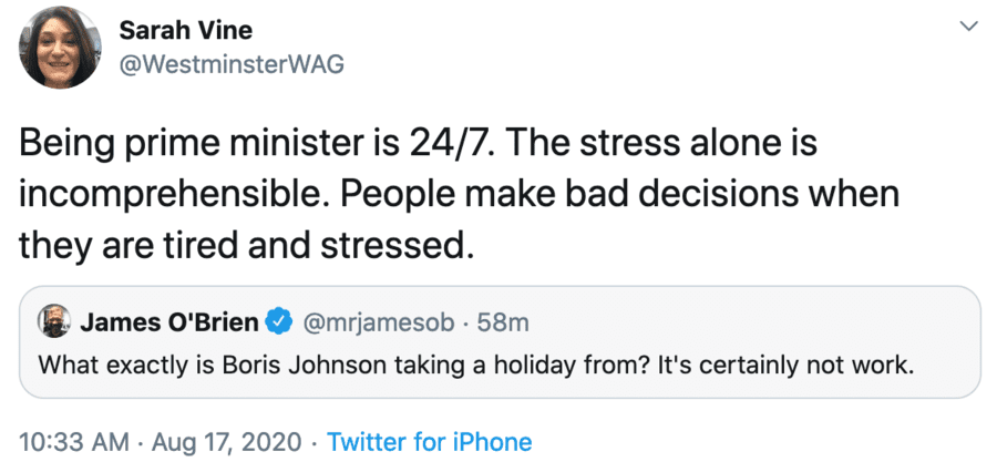 Vacuous Vine – Sarah Vine spouts drivel about Boris Johnson’s holiday – Sarah Vine – vacuous journalist and wife of Michael Gove – takes to Twitter to try to justify Boris Johnson taking a holiday at a time of economic catastrophe, coronavirus and an exams fiasco.
