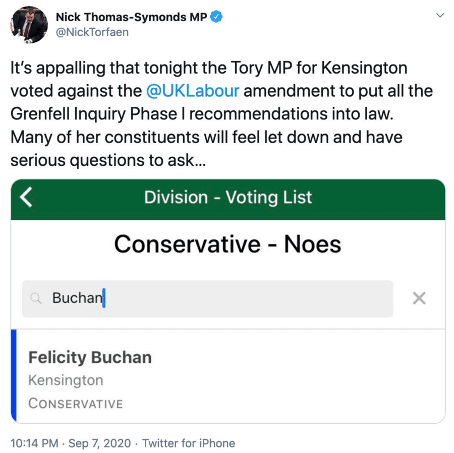 Flicka-ing off the Safety – Felicity Buchan votes against safety – Conservative MP for Kensington Felicity ‘Flicka’ Buchan should be utterly ashamed of herself for voting against safety measures to prevent another Grenfell Tower disaster.