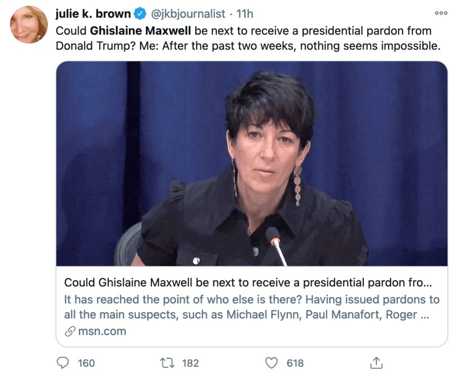 Ghislaine Goes 50/1 – Chance of Trump pardon for Maxwell at 50/1 – Odds of Donald Trump pardoning mucky madam Ghislaine Maxwell move to 50/1 from 3/1 earlier just as Joe Exotic’s supporters start planning a “pizza party” for him.