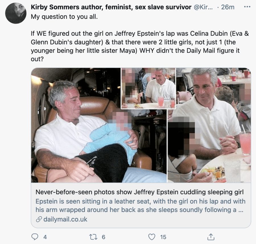 Plane Perverted – Name of 9-year-old on Jeffrey Epstein lap revealed – Previously unnamed 9-year-old child pictured on the lap of Jeffrey Epstein on his plane in ‘Daily Mail’ suggested to be daughter of billionaire Glenn Dubin.
