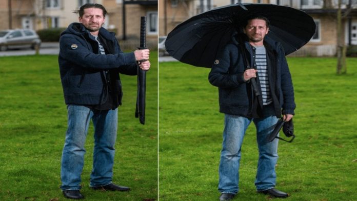 A Brolly Wally 2021 – Samurai sword handled umbrella causes havoc – “Britain’s most troublesome brolly” goes to auction on eBay after its wally owner Mike Devlin nearly gets shot by armed police whilst carrying it.