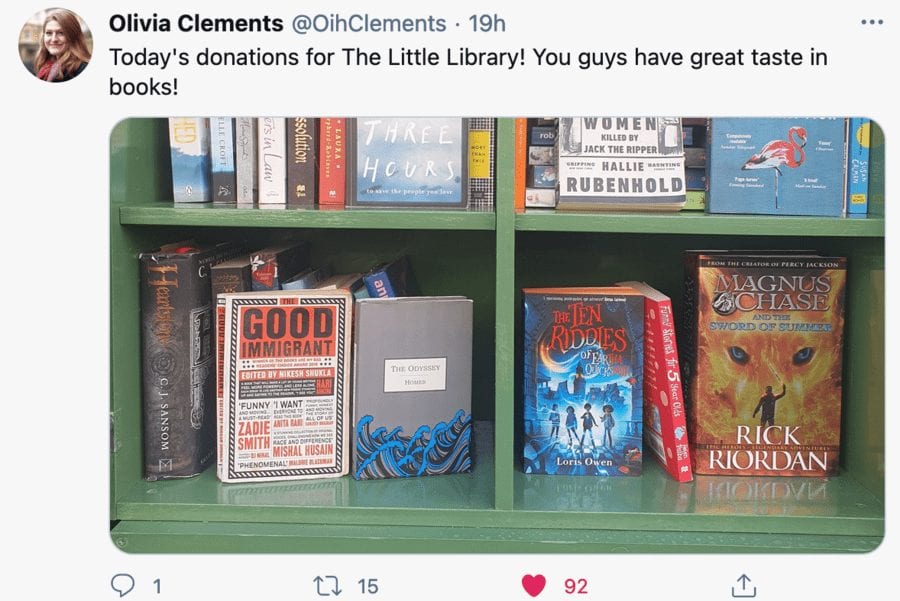 Heroine of the Hour 2021 – Olivia Clements – Book exchange – Bookseller Olivia Clements deserves commendation for setting up a free book exchange in her garden during ‘Lockup 3.0’ in Bristol.