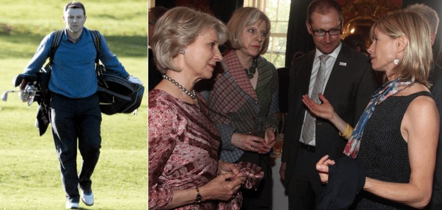 Living it Large – Gerry MccCann enjoying a round of golf (left); Kate McCann at Downing Street, London hobnobbing with Missing People CEO Martin Houghton-Brown, the Duchess of Gloucester and the then Home Secretary Theresa May on 23rd May 2012 (right).