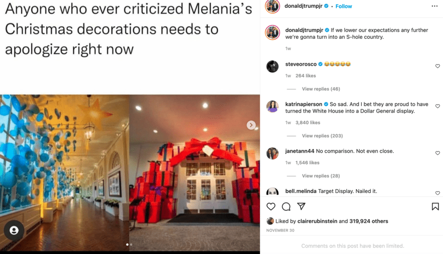 Jill Biden Christmas decorations Instagram Donald Trump Jr
