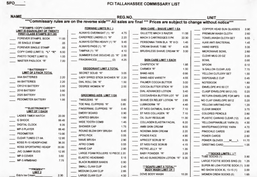 Commissary List 1