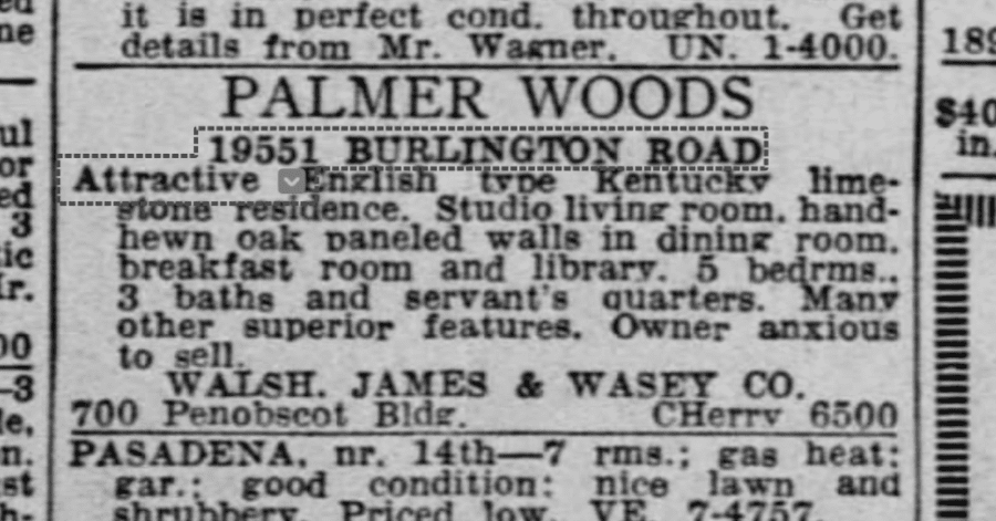 1943 sale listing 19551 Burlington Road Palmer Woods