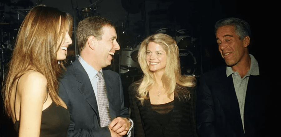 Sarah, Duchess of York’s ex-husband Prince Andrew with likely trafficked Melania Trump, another woman and paedophile pal Jeffrey Epstein.