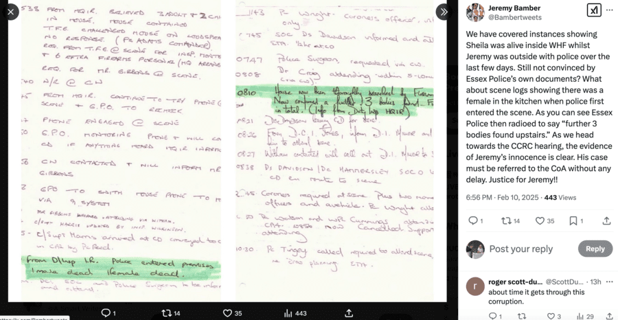 A recent tweet from @Bambertweets remarked on instances referencing Sheila Caffell being alive inside White House Farm whilst Jeremy Bamber was outside with police and also Essex Police’s ‘curious’ record keeping about where they first encountered bodies in the property. Isn’t it about time the CCRC got on with reviewing this clear potential miscarriage of justice?