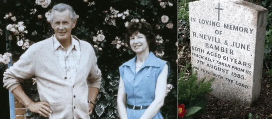 Jeremy Bamber’s adoptive parents, Ralph and June Bamber, and the grave where they are buried. Could he finally be exonerated of their killings in 2025?