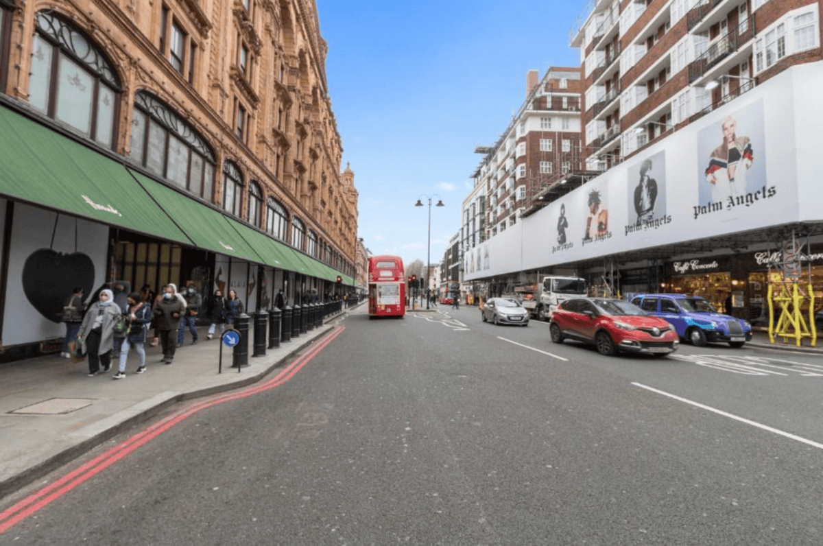 Princes Court (here partly shrouded in scaffolding) is literally opposite Harrods, undoubtedly one of the most famous department stores in the world.