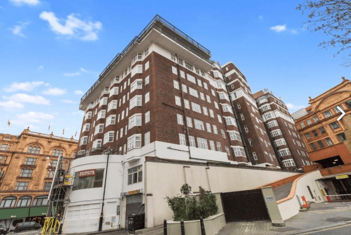 The rear of Princes Court with Harrods department store behind and the store’s former depository, now apartments also, to the right.