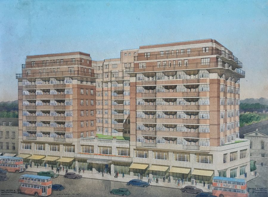 In this watercolour by Cyril Farey (1888 – 1954), which Manning Fine Art describe as “capturing Princes Court at its prime”, the golden era of a building is shown. The art dealers observe: “[This] is not merely an architectural drawing it is expressing a lifestyle that only an apartment in Princes Court can provide. As such the fashionable and modern apartment block is surrounded by a Mediterranean blue sky and Hyde Park peaks out from the sides as an Eden of lush green. The smart street is punctuated by smart, friendly, yellow awnings whilst classic, stylish cars and iconic London buses pass by.” The same cannot sadly be said of the setting today given this part of Brompton Road has become better known for housing hookers, Rolex robberies and chronic pollution.