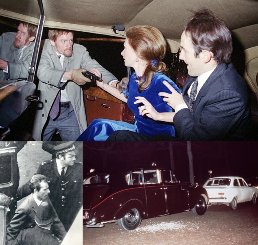 Top: The attempted kidnapping of Princess Anne in March 1974, as reconstructed in the 2006 ITV drama ‘To Kidnap A Princess’. Bottom: Failed kidnapper Ian Ball snapped arriving for his trial and the Rolls-Royce in which Princess Anne travelled on the night of the attempt to abduct her.