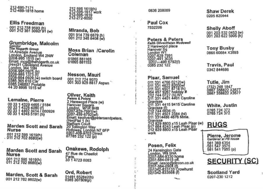 “Mysterious figure” and tubby twerp Malcolm Grumbridge’s entry in the Ghislaine Maxwell – Jeffrey Epstein ‘little black book’ includes an astonishing seven telephone numbers, a postal address in London, W4 and an email also. In our 5th August 2021 report about his fall from grace, we stated: “Former sole practitioner Grumbridge – whom established around 150 companies in total – transferred a cash gift from a client to his personal account, ‘without the client being advised to take any independent legal advice.’ He also was slammed for not accurately maintaining books, making inter-client loans without proper written authority and took cash withdrawals from client bank accounts in favour of himself. Though the Solicitors Regulation Authority deemed Grumbridge’s conduct ‘serious enough to merit a fine of between £25,000 and £50,000’, this was ‘reduced to £2,000 [plus £1,350 in costs) on the basis of the admissions made at an early stage, Grumbridge’s ill health and his co-operation with the investigation.’” One is left asking: “Would anyone with half a brain have trusted Malcolm Grumbridge to be left in control of even a used bus ticket let alone over 150 companies including The Hogarth Group?”