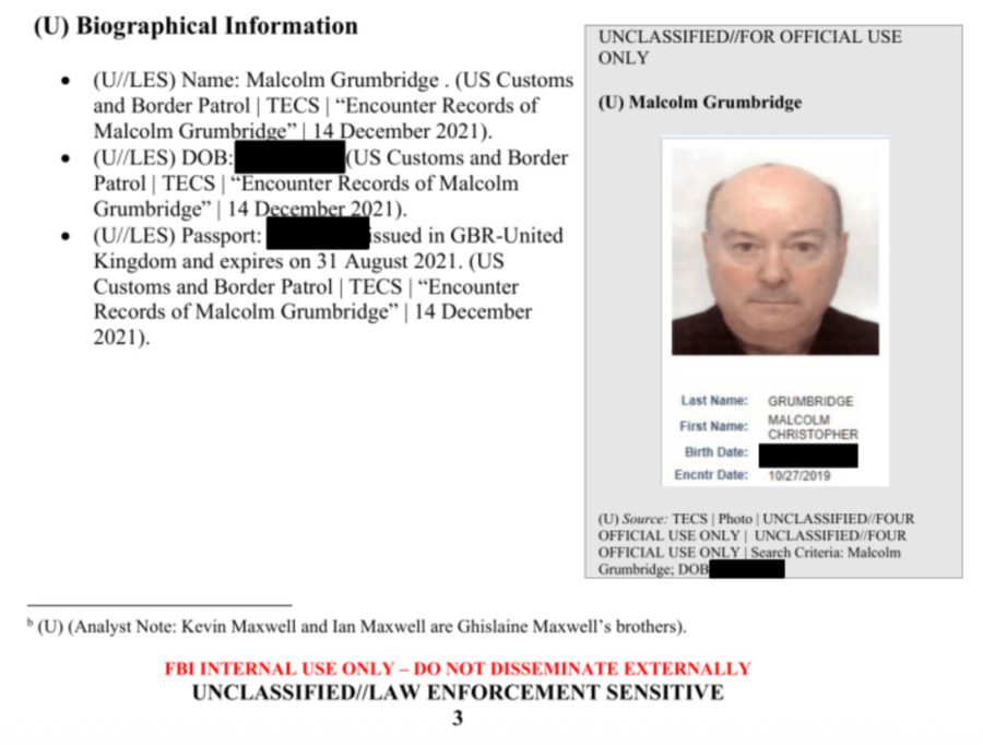 Malcolm Grumbridge’s passport photo – shown in the FBI’s 1st October 2021 ‘Tactical Intelligence Report’ presents the image of a proper wrong ‘un’s mugshot. Various information about Grumbridge, a solicitor since 1978 but now removed from the roll, travelling in the USA between 24th and 27th October 2019 are included as are links to articles from ‘The Steeple Times’ amongst other publications, but quite a few details remain redacted even in the recent #EpsteinFiles dump.